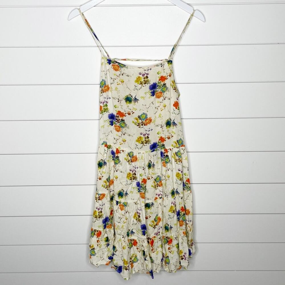 Comme Toi Floral Print Lace Up Back Mini Dress Cream Multi Size Small